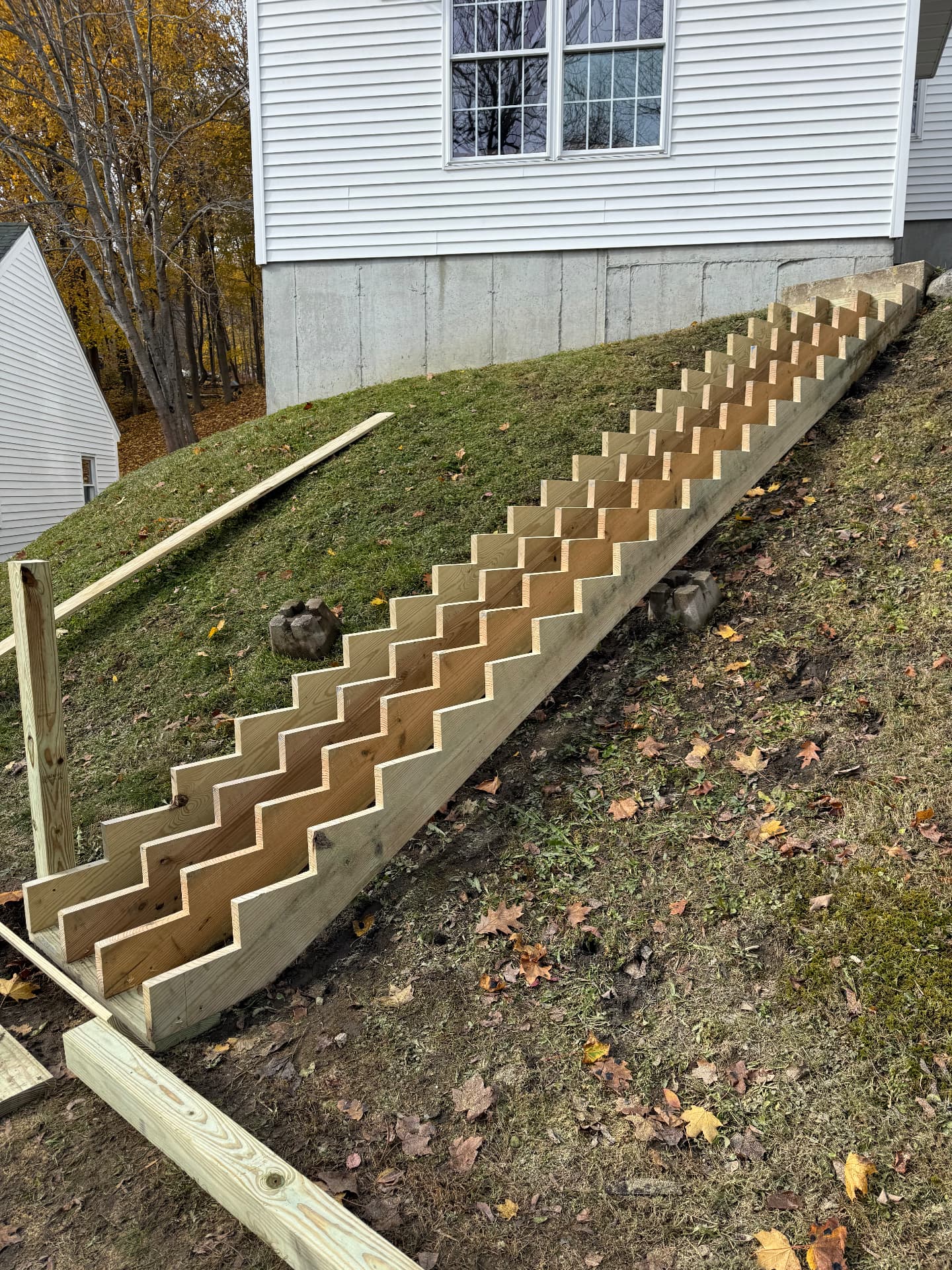 Cut stair stringers set on a hillside